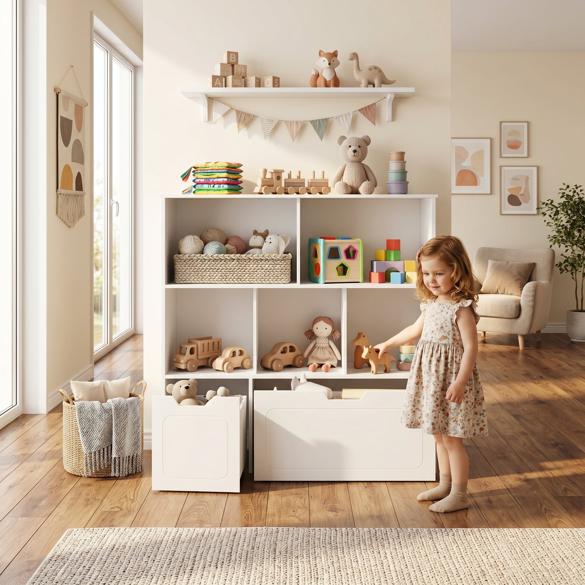 BRINJOY 3-Shelf Kids Bookcase Storage Organizer with 2 Movable Drawers