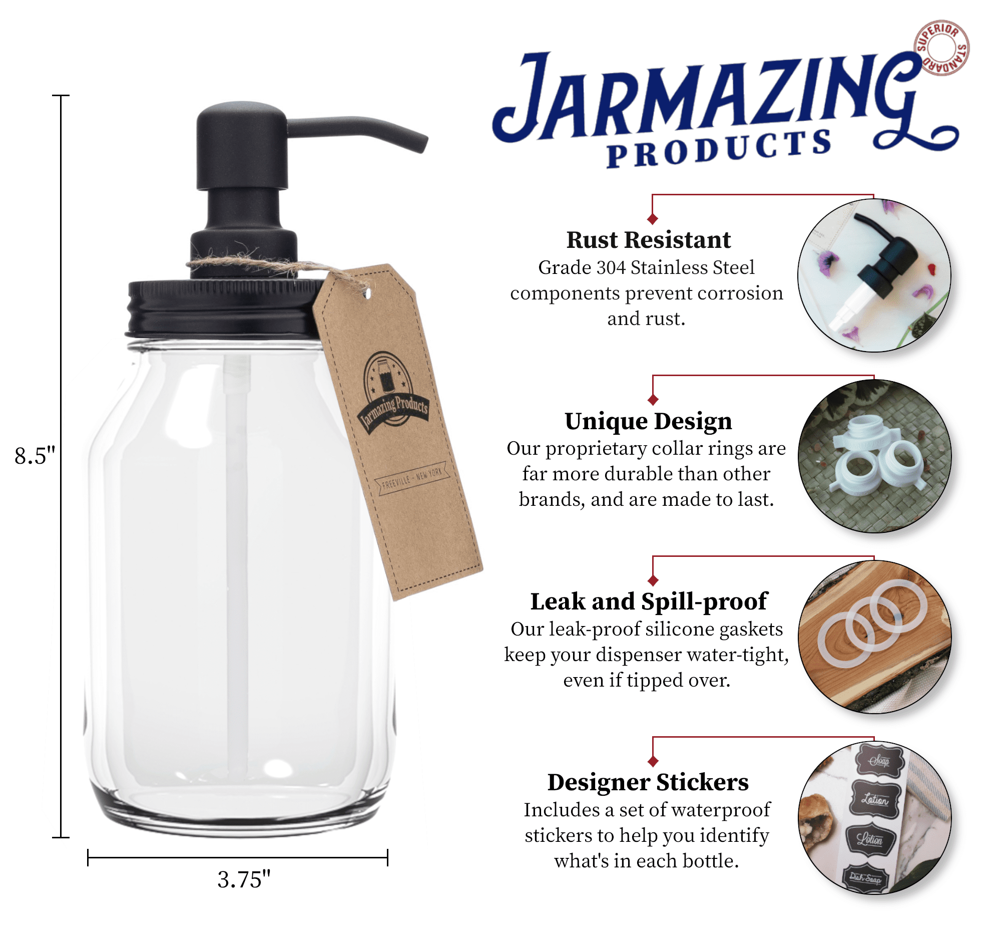 Jarmazing Products Quart-Size Mason Jar Soap Dispenser - Black - With 32 Ounce Clear Mason Jar