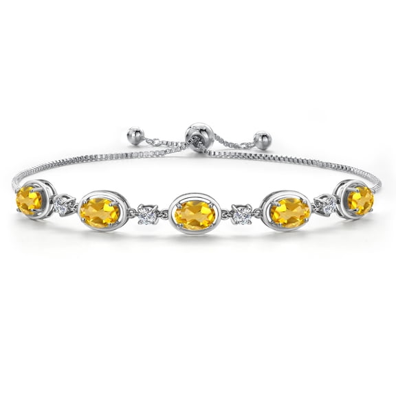 Gem Stone King 925 Sterling Silver Yellow Citrine and Moissanite Tennis Bracelet for Women | 3.75 Cttw | Gemstone November Birthstone | Oval 7X5MM | Fully Adjustable 10 inch