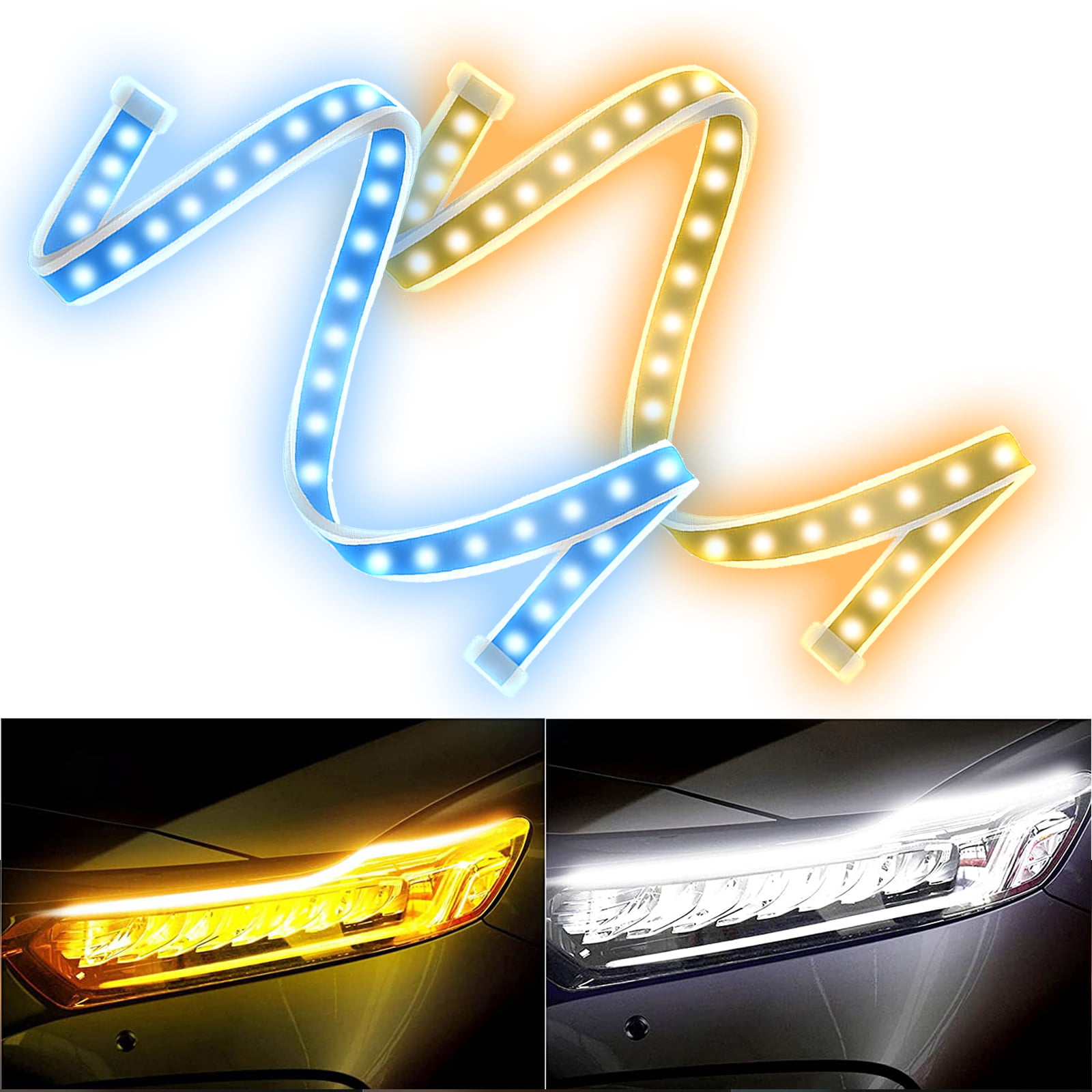DRL Led Strip Lights for Cars,24 Inch Exterior Switchback Daytime Running Light Amber Yellow/White Sequential Headlight Turn Signal Light Waterproof Flexible Lamps 2 PCS 