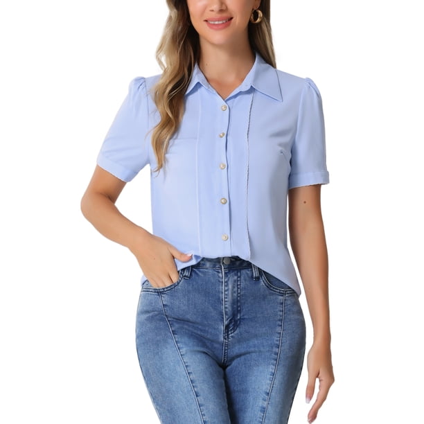 Camisa de botón INSPIRE CHIC para mujer con cuello, con contraste en los bordes, manga corta abullonada, talla M, azul claro