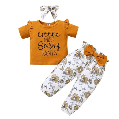 

DNDKILG Infant Baby Toddler Girls Summer Letter Print Short Sleeve Clothes Set Outfits T Shirts and Floral Shorts Set with Brown 6M-4Y 80/12-18 Months