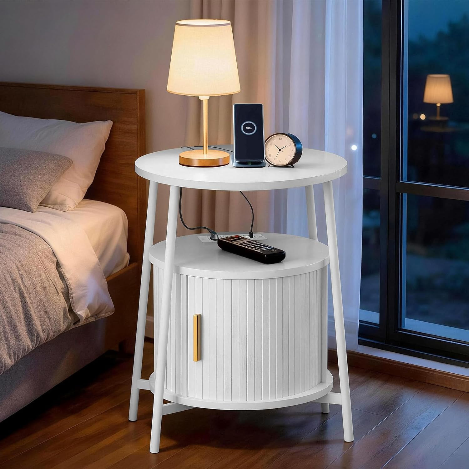 Set of 2 Round Fluted Accent Side Table with Charging Station and Sliding Door – Mid-Century Modern End Table, Compact Nightstand for Living Room, Bedroom, Sofa Couch, White