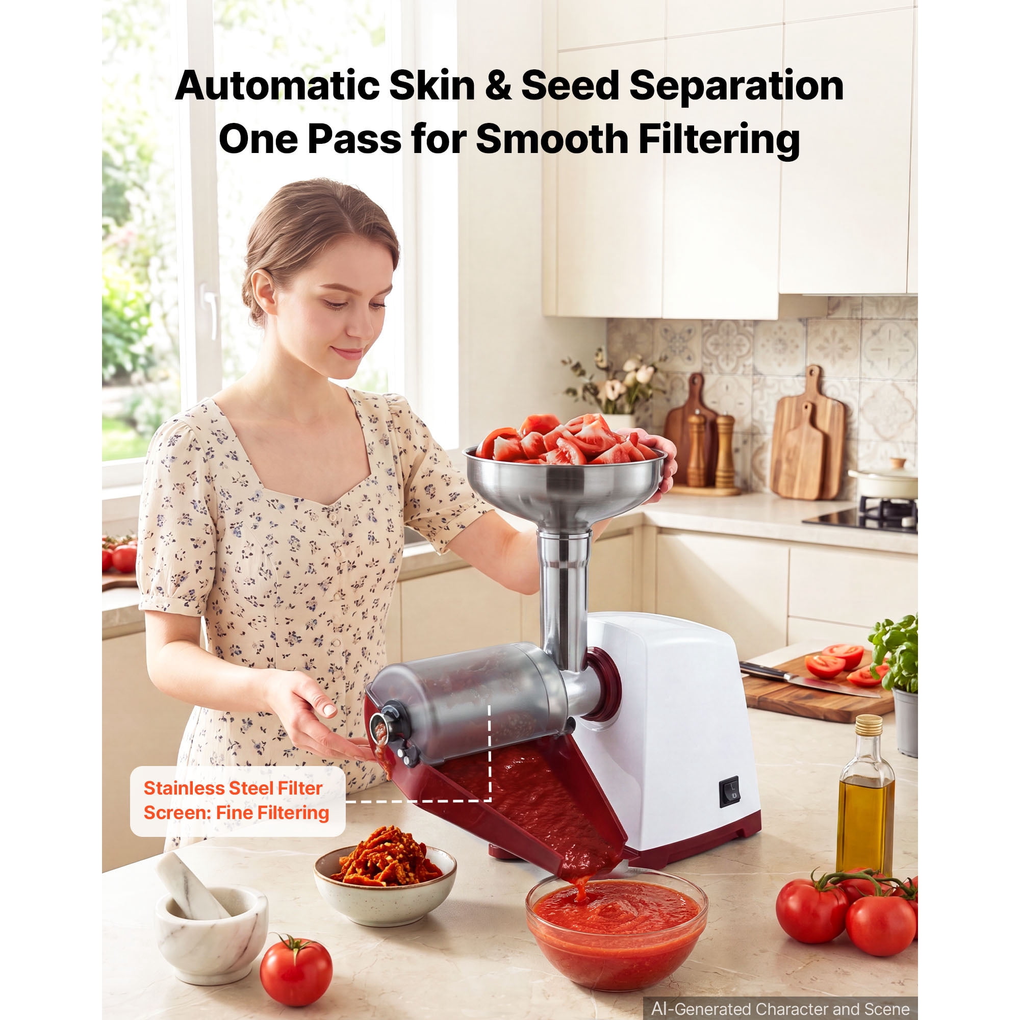 KFFKFF Electric Tomato Strainer 800W Max Sauce Maker, Processes 88 lbs/H for Purees, Strawberry, Salsa, Stainless Steel Tomato Food Mill Press Machine with 1mm, 1.5mm, 3mm & 6mm Screens, White