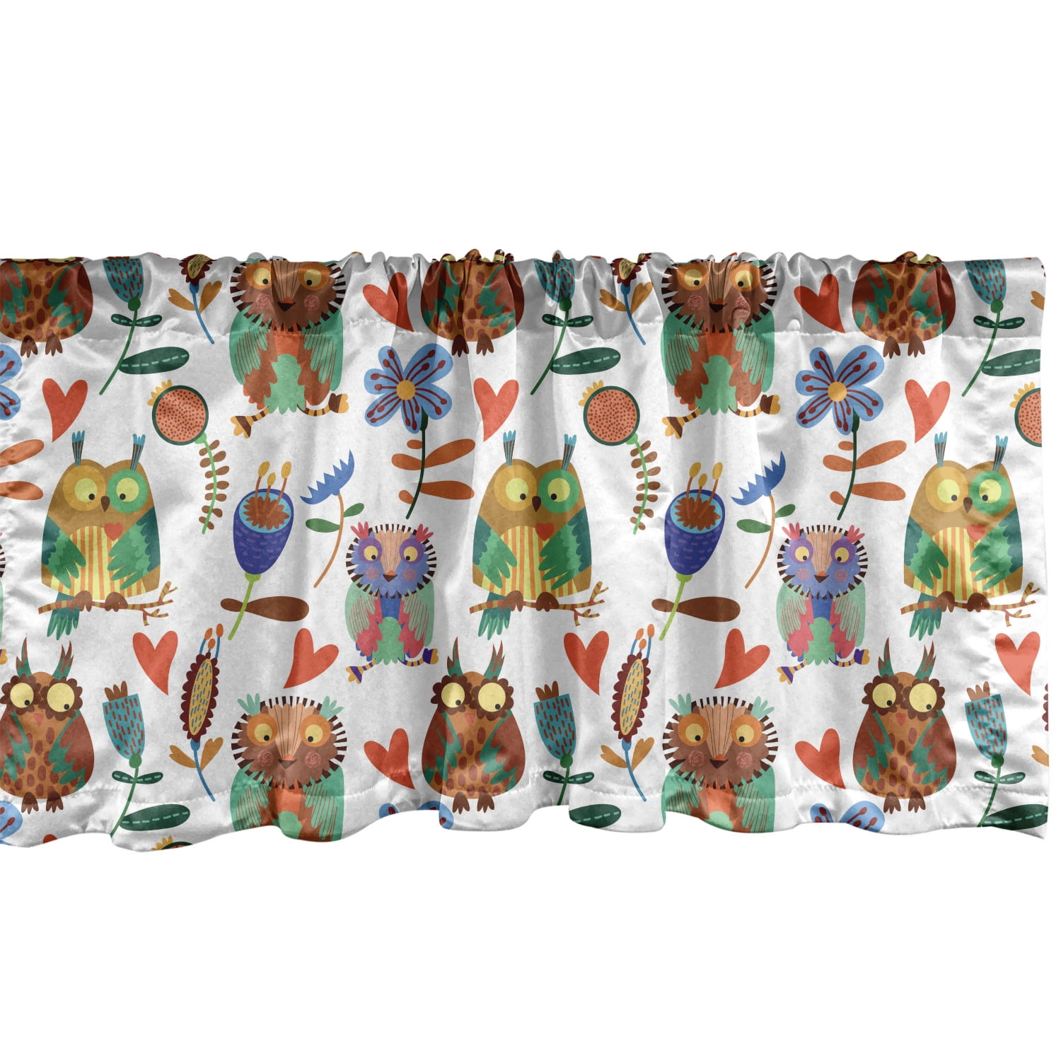 Ambesonne Owl Print Window Valance, Abstract Vivid Cheerful Birds and