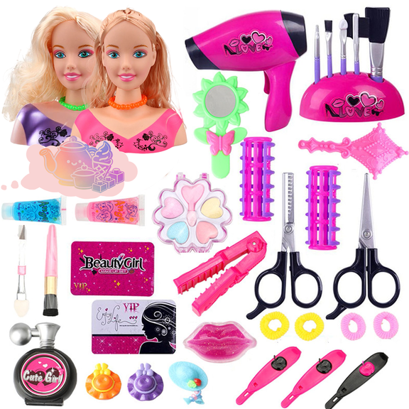 Beauty Salon Pretend Play House Toys, Kids Pretend Styling Head Doll Set, Simulation Hair Makeup Playset with Hair Tools and Fake Cosmetic Accessories, Role Play Toy for Kids Ages 3 and Up