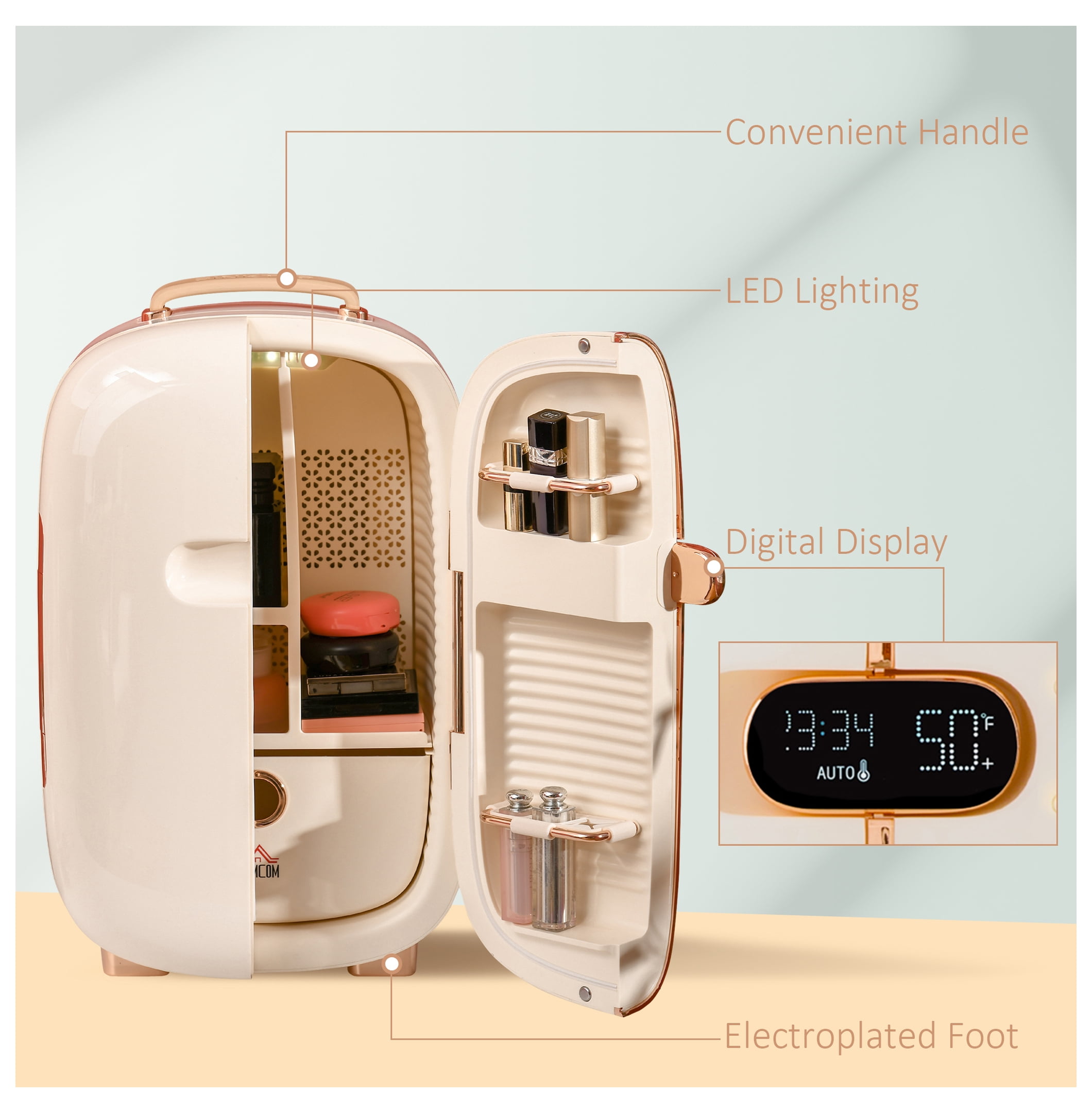 HOMCOM Portable Skincare Fridge with LED Display, 12L Mini Fridge for Beauty, Makeup and Cosmetics, Small Refrigerator Cooler for Bedroom, Home Office, Desktop, White