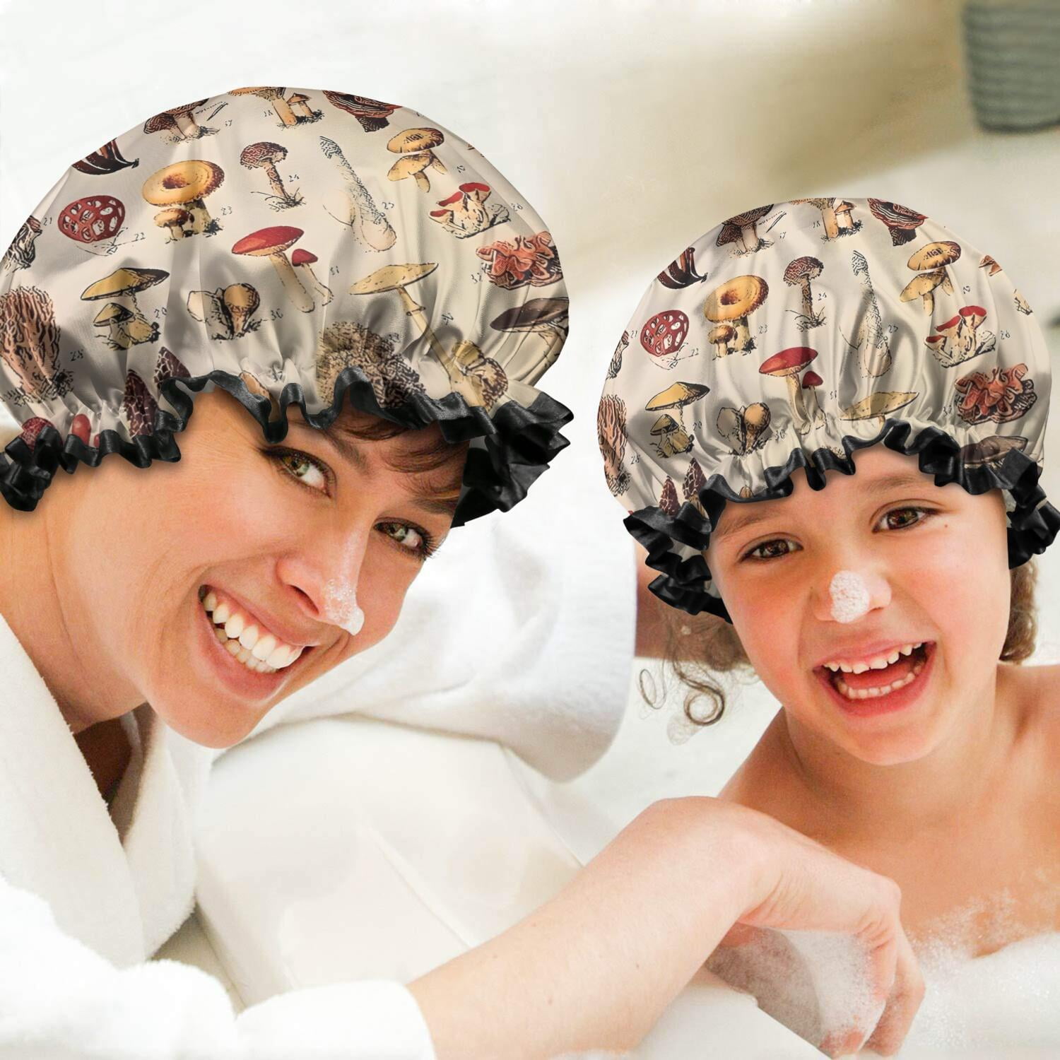 Shower Caps,Brown Mushroom Label Light Pattern Waterproof Shower Cap for Women 4 Pieces,Double Reusable Hair Cover for Shower PEVA Elastic Stretch Hem