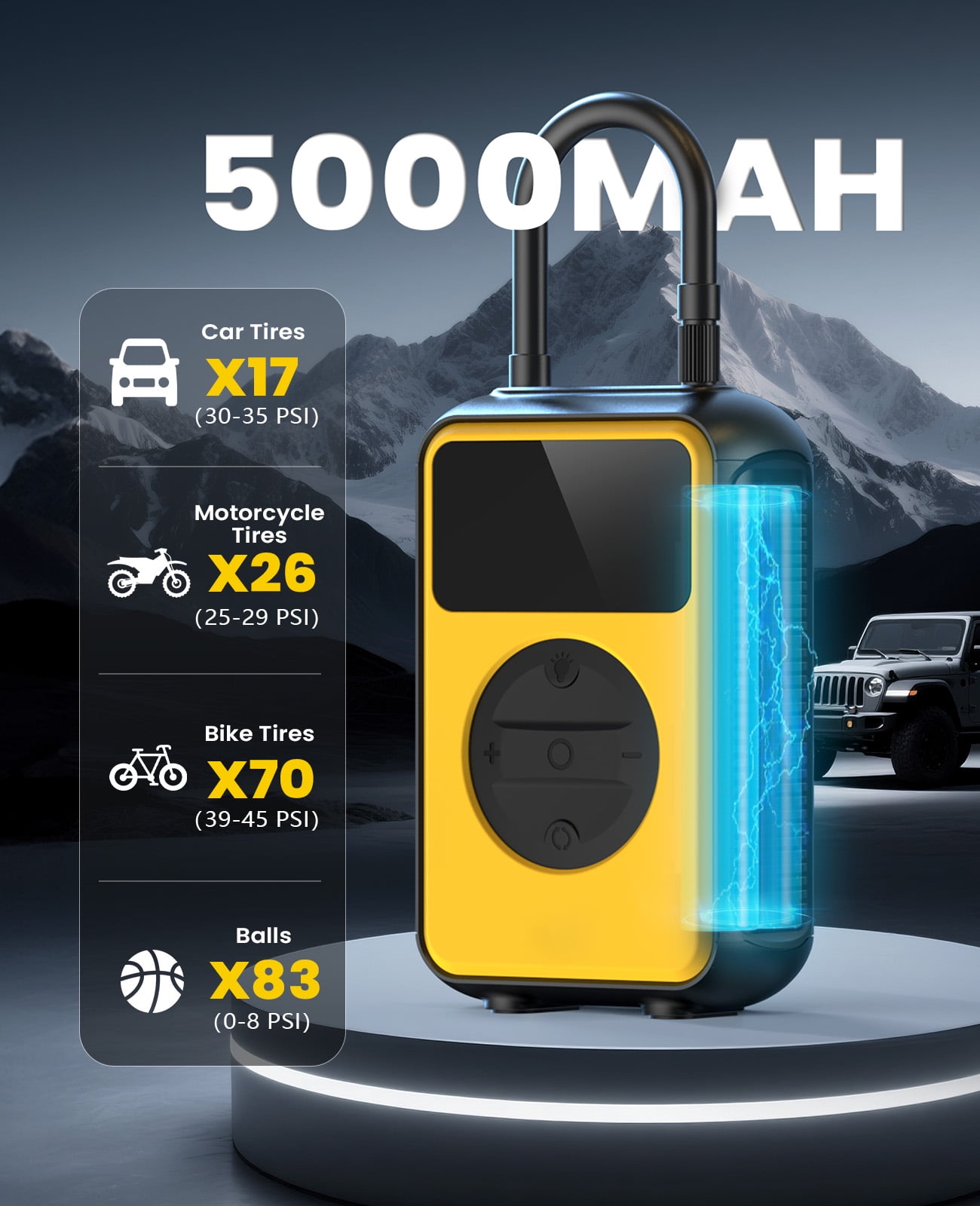 OSAIV 150PSI Tire Inflator & Air Compressor - Dual Mode (150PSI High Pressure / 4.0kPa Volume) for Car Tires, Bikes, Air Mattress, Inflatables - Fast Inflation Portable Pump
