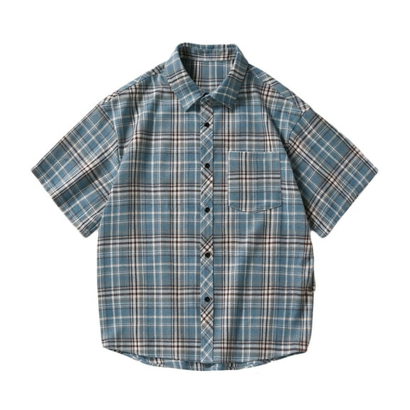 WREESH Men's Trendy Plaid Button Down T-Shirts Short Sleeve Tops with Single Pocket for Everyday Use Blue