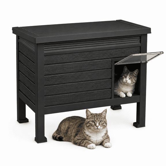 MINDYES Outdoor Cat House with Stent & Weatherproof Roof for Feral Cats & Kittens, Black
