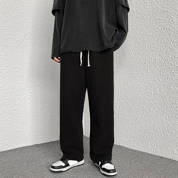 Men Pants Loose Relaxed Fit Straight Leg Fashion Denim Jeans Jeans for Men Black L