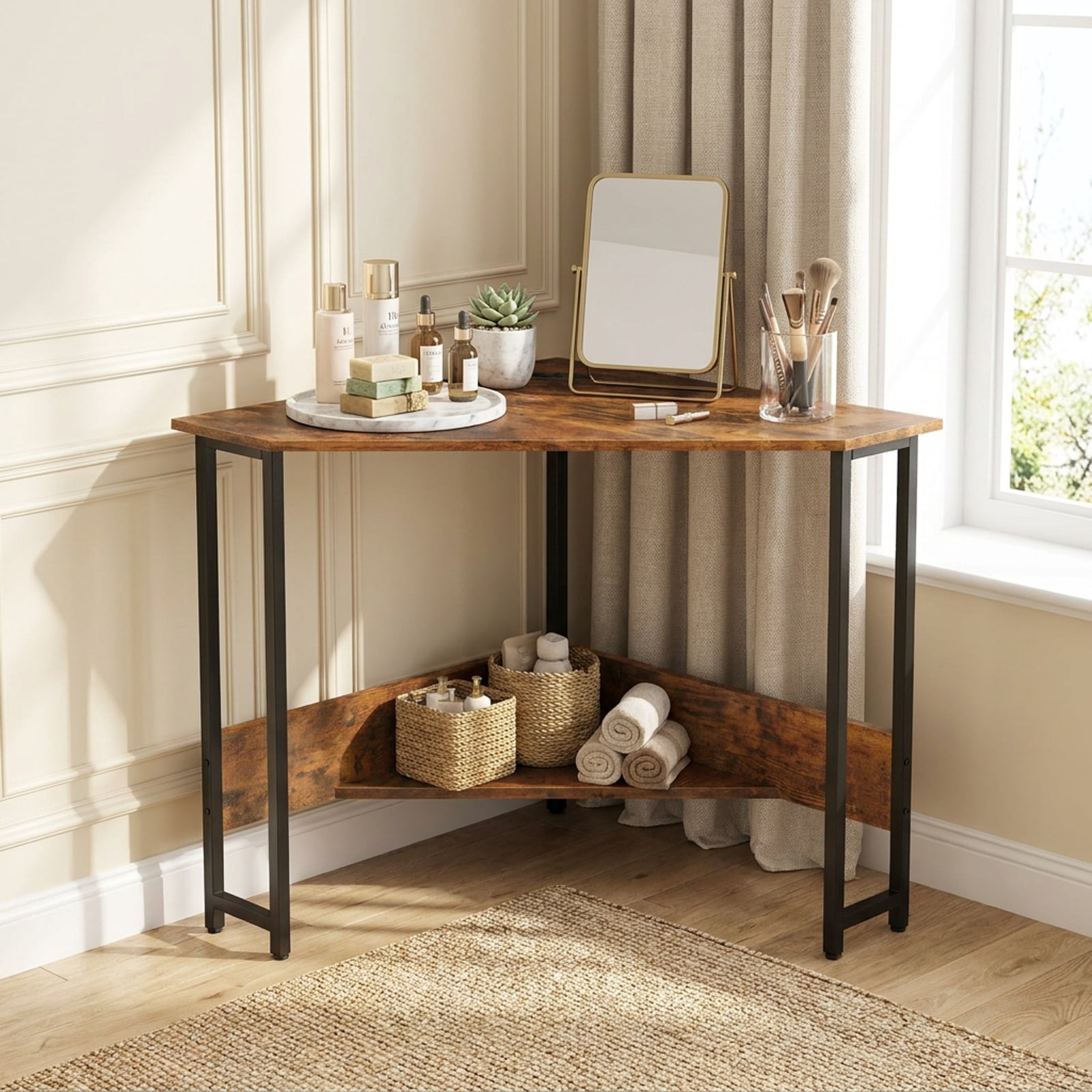 Furnibear Corner Desk Triangle Computer Desk Home Office Study Workstation with Charging Station and Open Shelf for Small Spaces, Rustic Brown