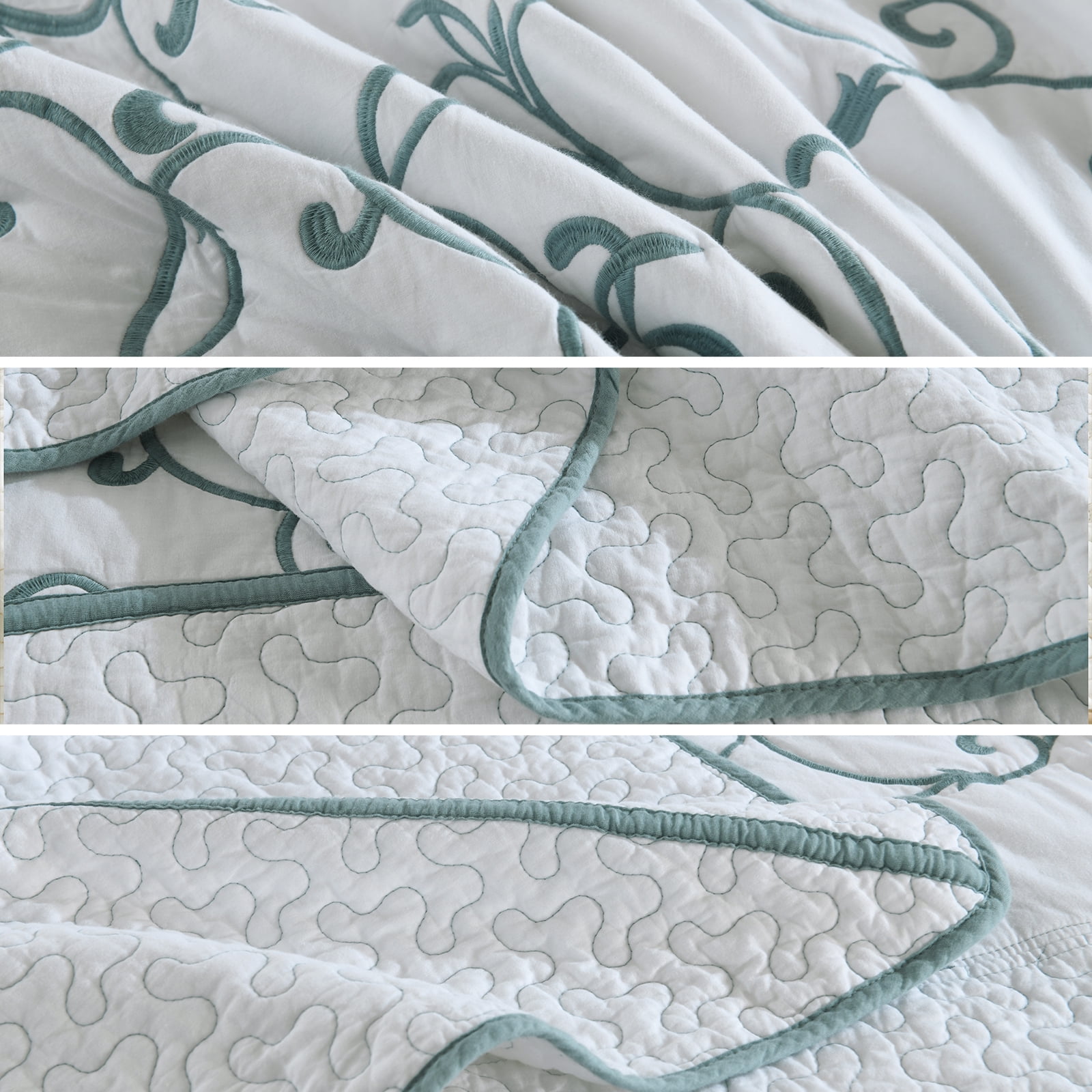 DDUOXIN 100% Cotton King Size Bedspread - Oversized Farmhouse Floral Embroidery Vine Comforter Set, Lightweight Extra Wide Summer Vintage Coverlet, 128 X 120 Blue and White Bedding Sets, 3 Piece