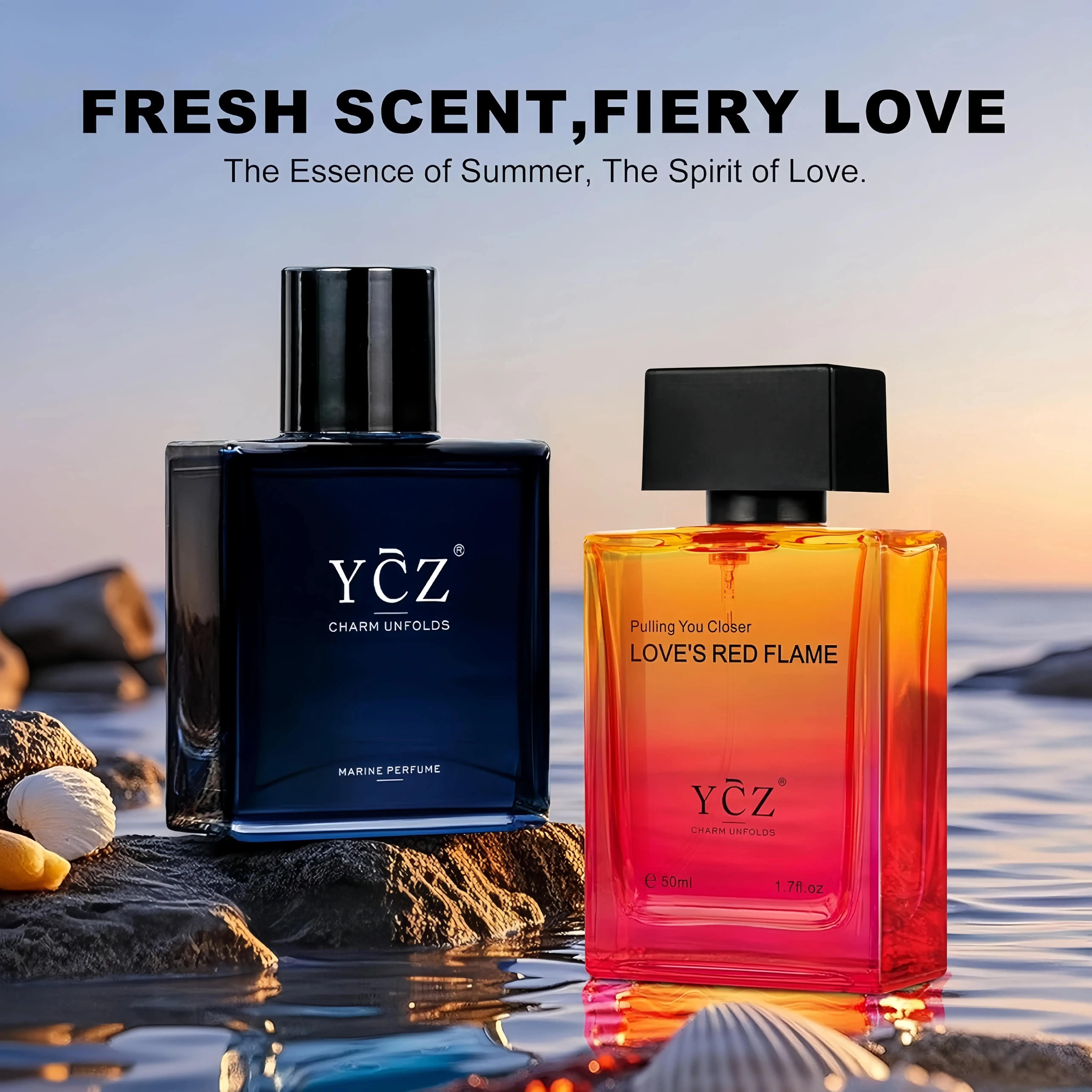 YCZ Men's Cologne Gift Set (2 Pack) - Marine Perfume & Love's Red Flame - Long Lasting Eau de Parfum - Fresh Aquatic & Spicy Wood Fragrance Bundle