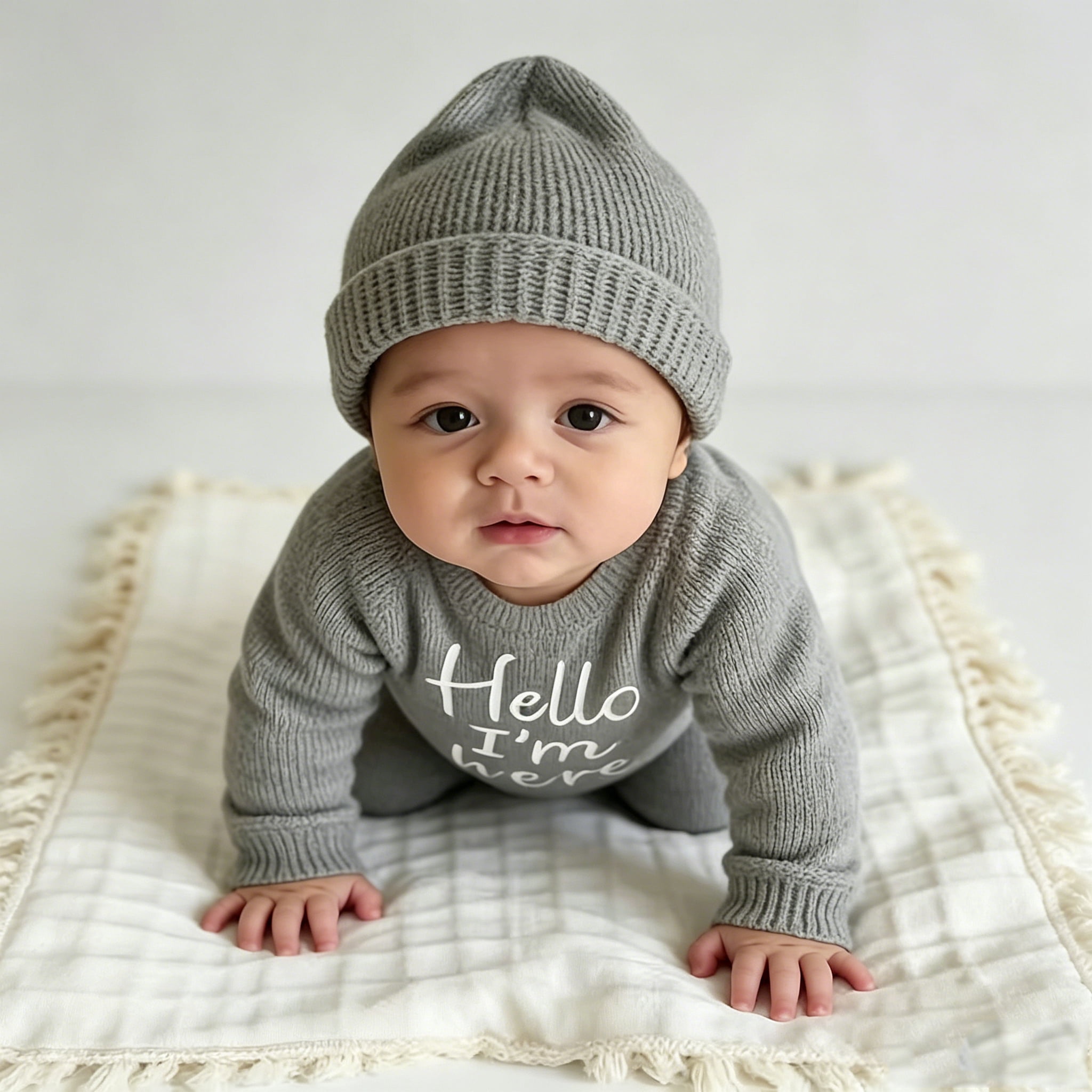 "Hello" Embroidery Knitting Onesie Newborn Birth Announcement Outfits Footed Jumpsuit Baby Boy Girl Photography Props Newborn