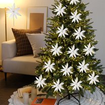 Artificial Christmas Tree Decorations, Glitter Poinsettia Flowers, Christmas Flower Arrangement for Home Wedding Party Decor, White and Rose Red Cloth Florals for Vase Centerpieces and Gifts