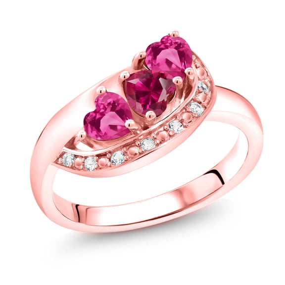 Gem Stone King 18K Rose Gold Plated Silver Red Created Ruby Pink Created Sapphire and White Created Sapphire Engagement Ring for Women (1.36 Cttw, Gemstone July Birthstone, Heart Shape 4MM, Size 6)