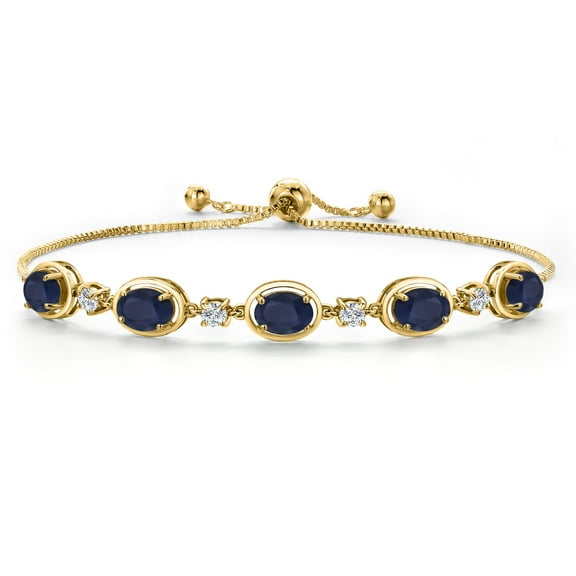 Gem Stone King 18K Yellow Gold Plated Silver Blue Sapphire Bracelet for Women | 5.00 Cttw | Gemstone September Birthstone | Oval 7X5MM | Fully Adjustable 9 inch