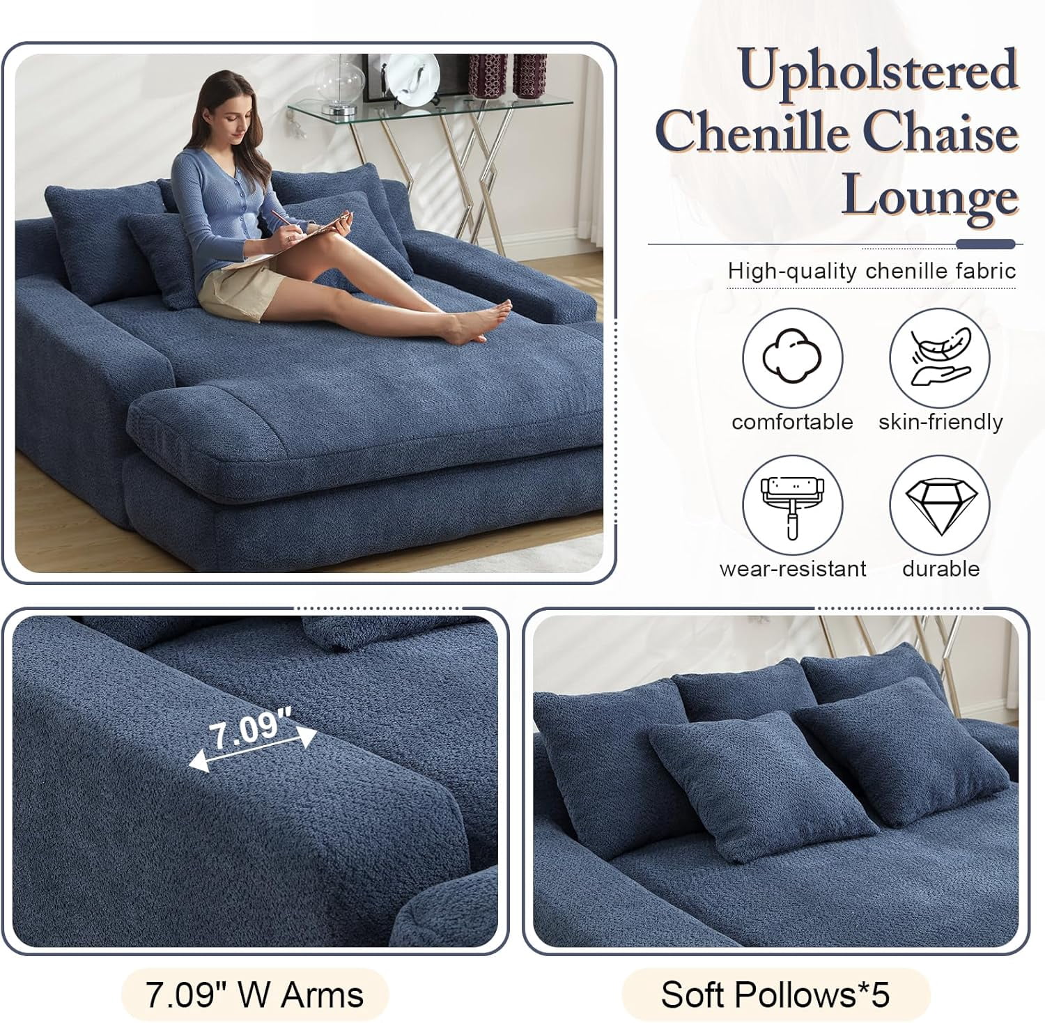 AENKYO Queen Size Sleeper Sofa Bed, Deep Seat Chaise Lounge w/5 Pillows,Space-Saving Multi-Functional Chenille Couch for Apartment Living - Blue