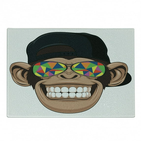 Cartoon Cutting Board, Fun Hipster Monkey with Colorful Sunglasses and Hat Rapper Hippie Ape Art, Decorative Tempered Glass Cutting and Serving Board, Small Size, Brown Black White, by Ambesonne