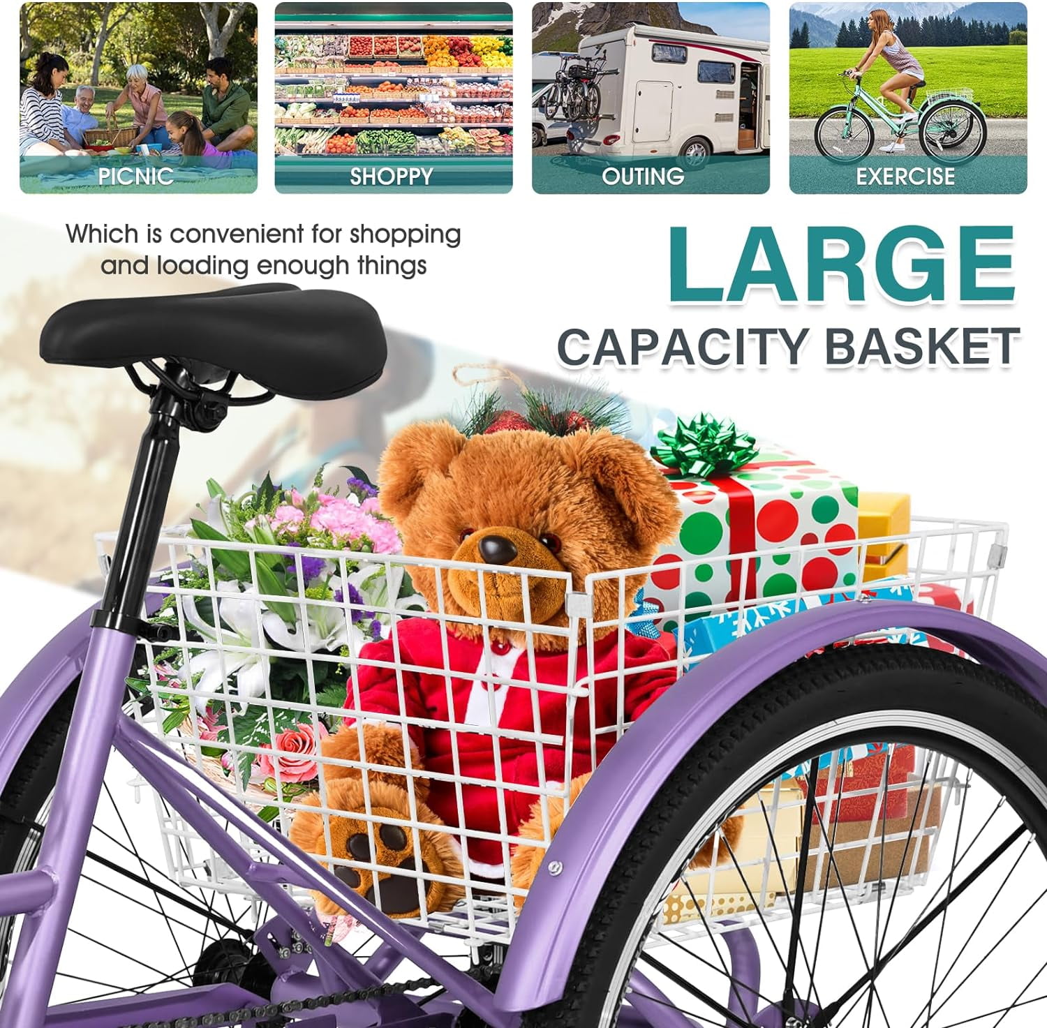Slsy Mountain Tricycle for Adults, 24/26/27.5 Inch MTB 7 Speed Three Wheel Bike, Adults Tricycle with Cargo Basket for Adults, Women, Men, Seniors