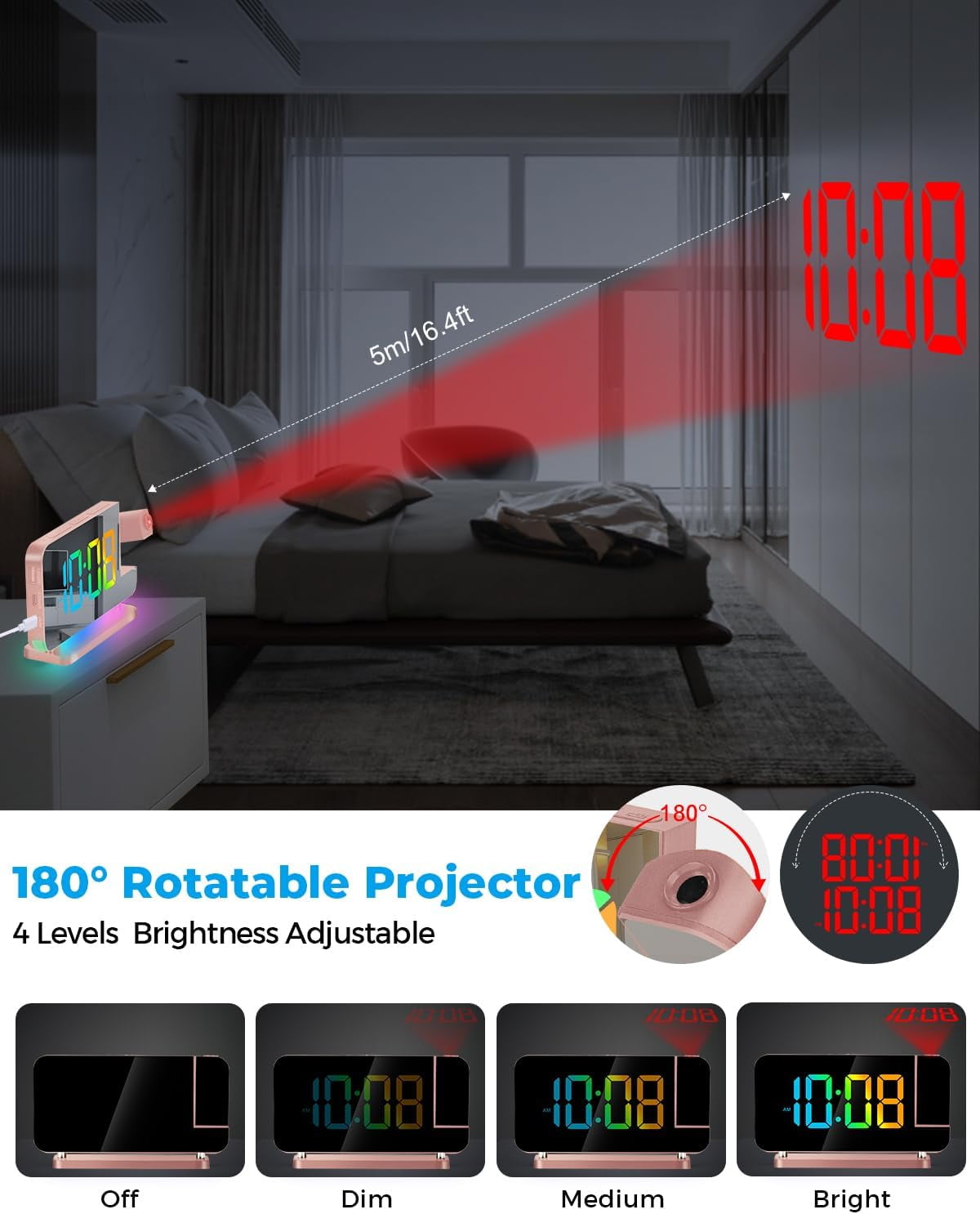 Wiher Projection Alarm Clock,7.4 in LED Mirror Digital Clocks Projection on Ceiling Wall,with RGB Night Light,USB C Charging Port,Auto Dimming,Modern Desk Clock for Bedroom Decor - Rose Gold