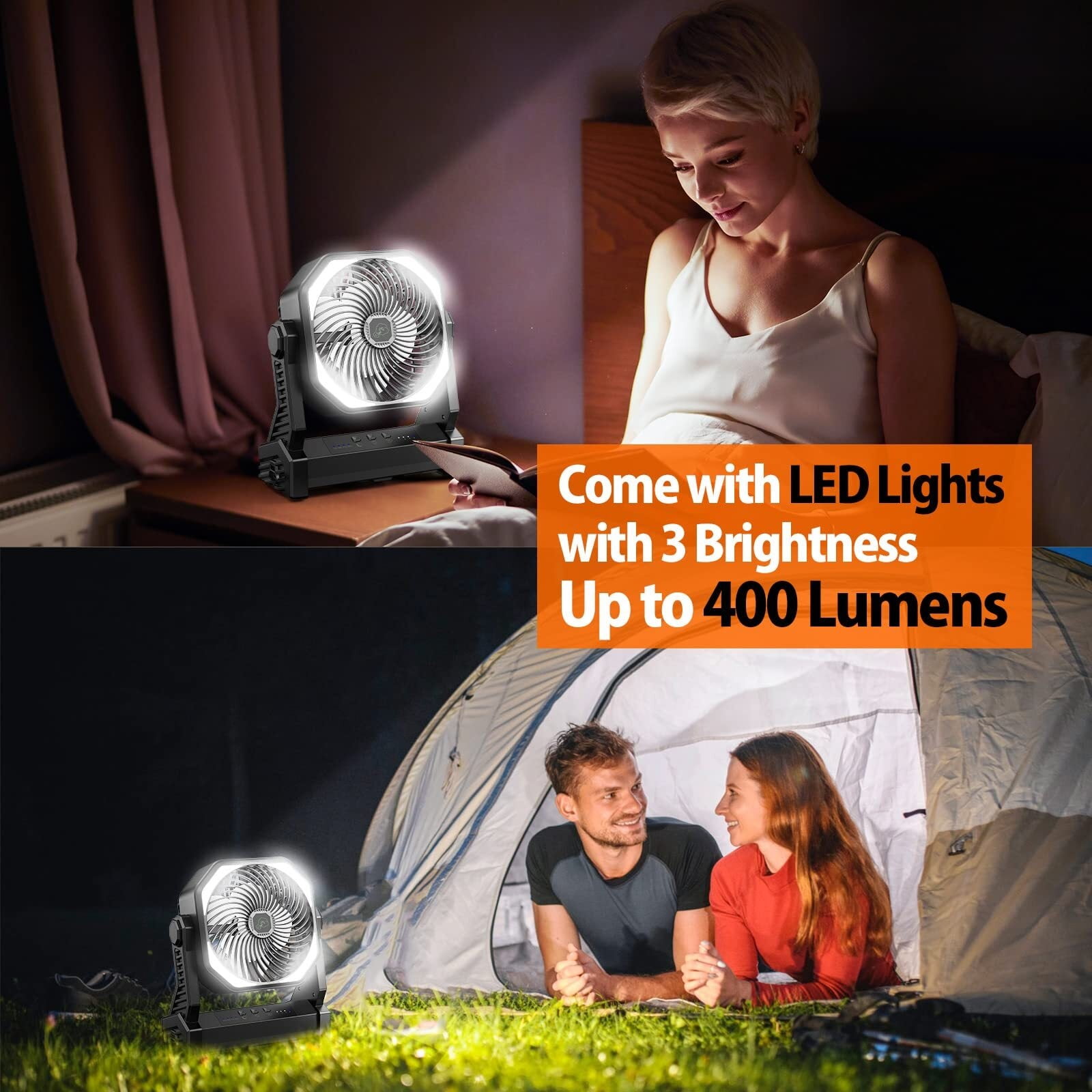20000mAh Battery Powered Fan, Portable Rechargeable Desktop/Camping Fan with Light and Hook, 270° Rotation 4 Speed ​​Battery Powered Outdoor Fan for Tent, Car Travel, Sleeping, Hurricane,