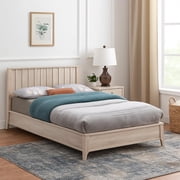 Vasu Twin Size Bed-Reeded Headboard-Whitewash Solid Rubberwood