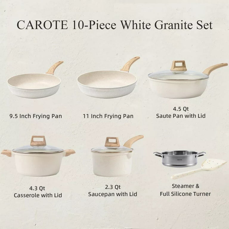 CAROTE Pots and Pans Set Nonstick, White Granite Induction Kitchen Cookware  Sets, 11 Pcs Non Stick Cooking Set w/Frying Pans & Saucepans(PFOS, PFOA