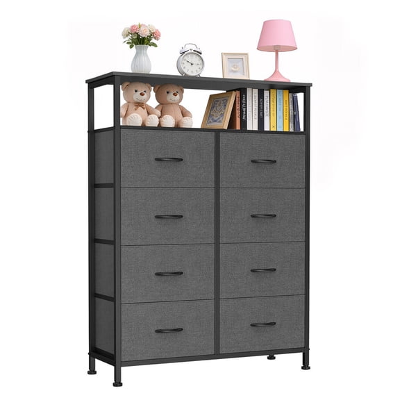 Simenmax 8-Drawer Fabric Dresser, Tall Vertical Chest of Drawers with Raised Shelf, Heavy-Duty Metal Frame Storage Tower with Fabric Bins for Closet, Hallway, Entryway,Gray