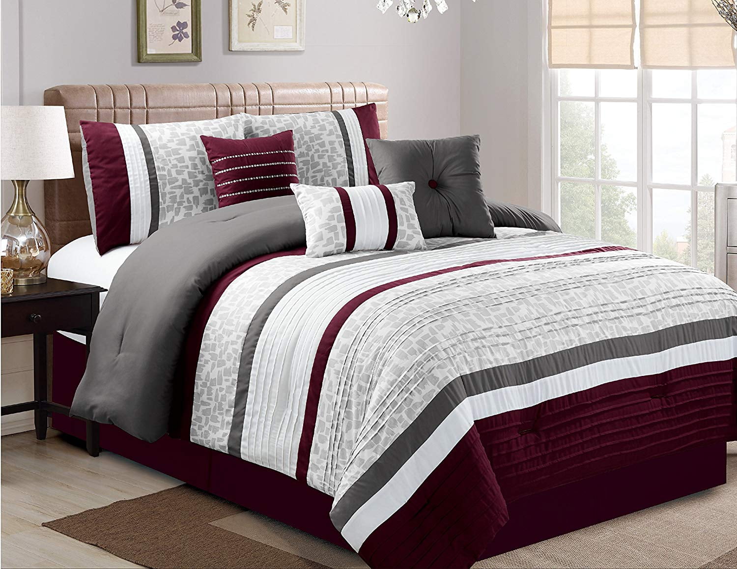 HGMart Bedding Comforter Set 7 Piece Luxury Striped Microfiber Bedding Sets Oversized Bedroom