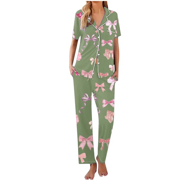 Sexy Pijama Conjunto para las Mujeres Impreso Bolsillo Pantalones de Manga Corta, Traje Suelto Casual para el Hogar Y el Salón