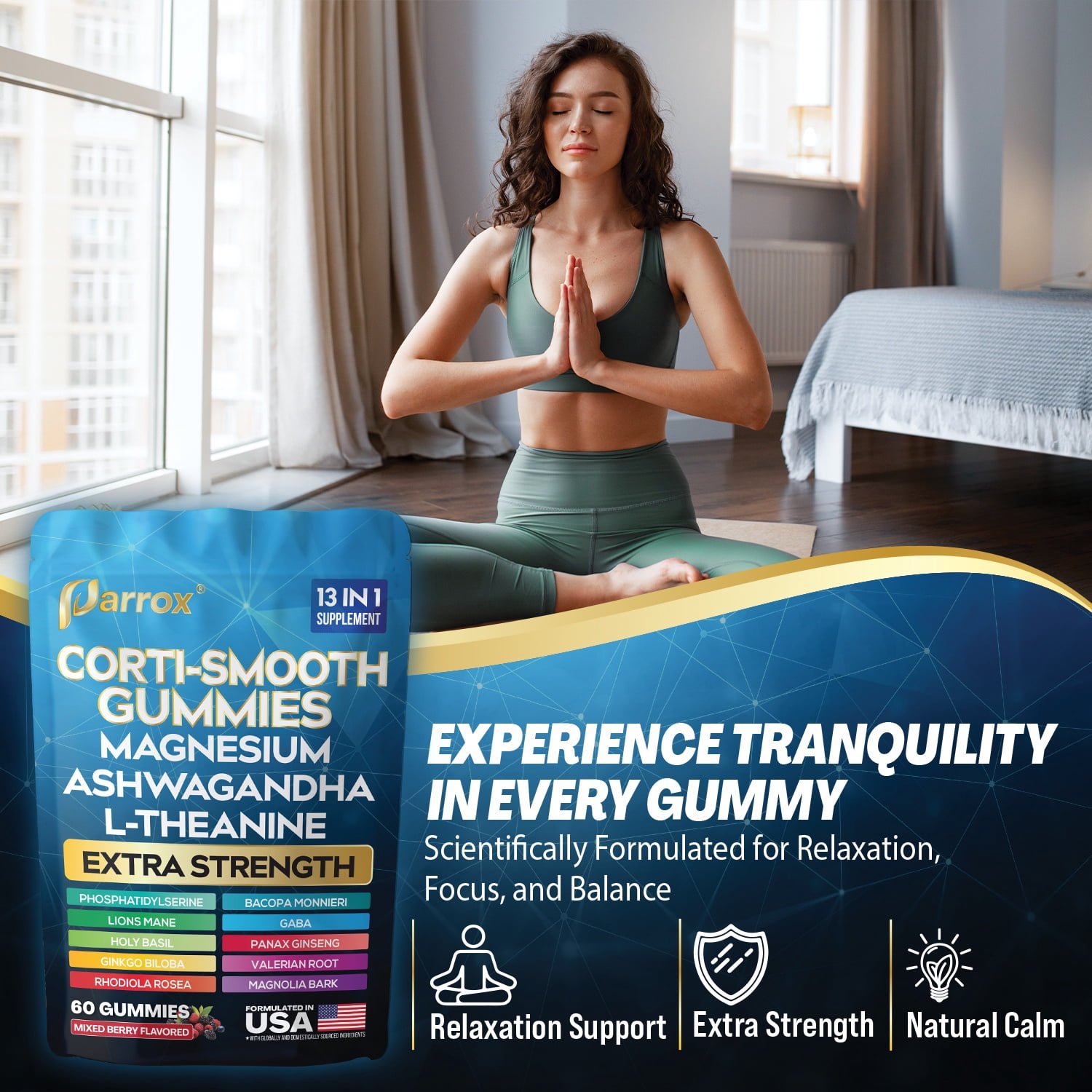 Parrox Corti-Smooth Cortisol Support Gummies with Magnesium, L-Theanine, Ashwagandha, Phosphatidylserine, Bacopa Monnieri, Lions Mane, Ginkgo Biloba, Valerian Root (Mixed Berry Flavor - 3 Pack)