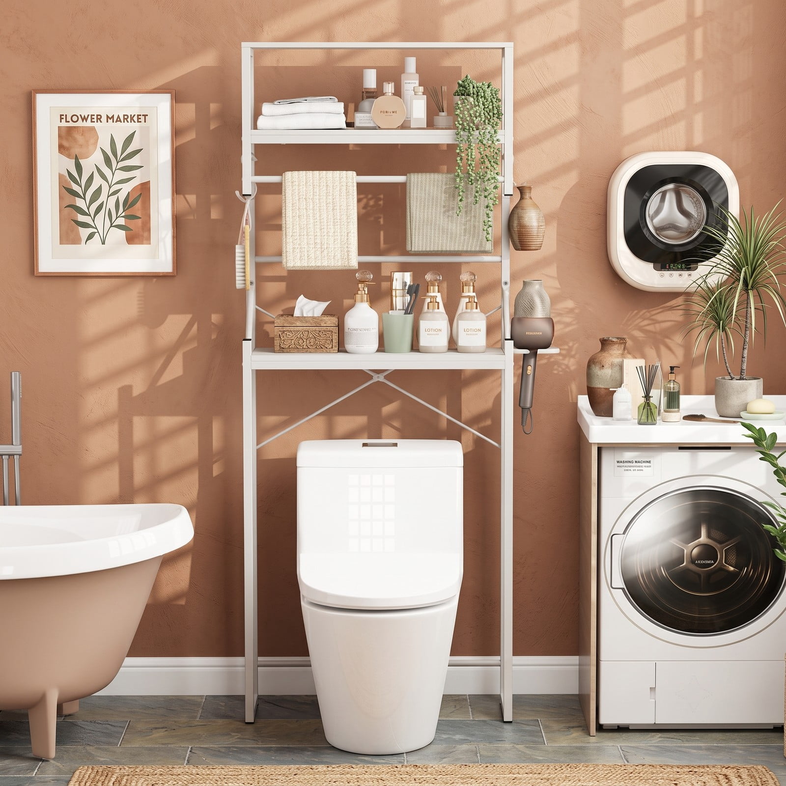 ALPULON Over the Toilet Storage Rack with Open Shelves and Towel Bar for Small Bathroom and Laundry Room Organization, White