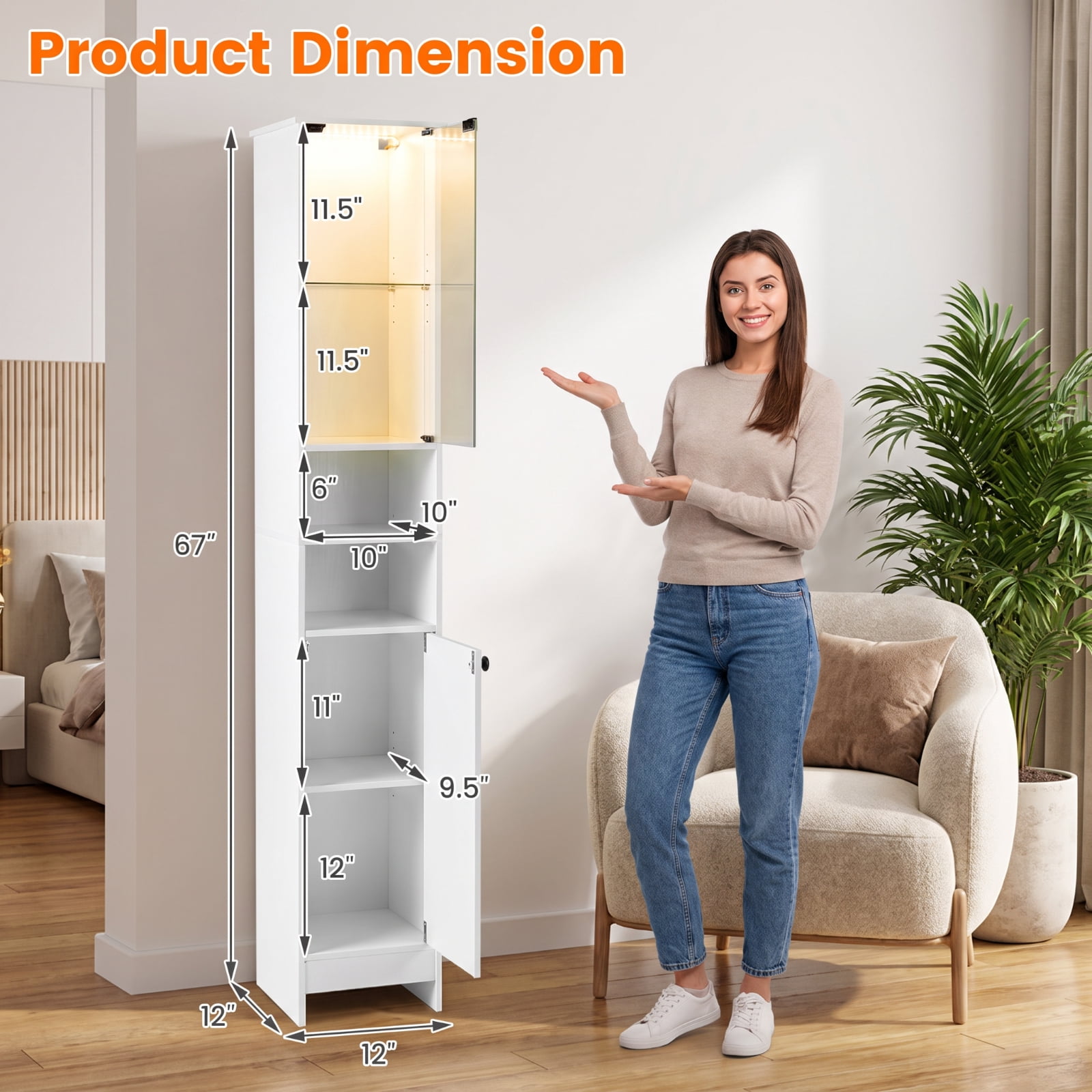 Vebreda Tall Bathroom Storage Cabinet with LED Lights, Freestanding Narrow Floor Cabinet with Remote Control, Adjustable Shelves and Push-to-Open Tempered Glass Door, White