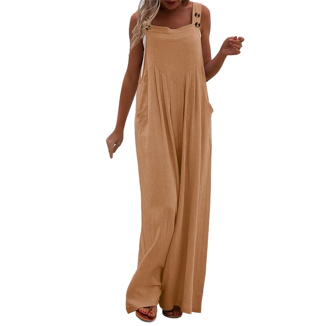 TrendOFT Womens Casual Summer Jumpsuit Loose Spaghetti Strap Solid Button Pocket Rompers For Women One Piece Overalls Orange M