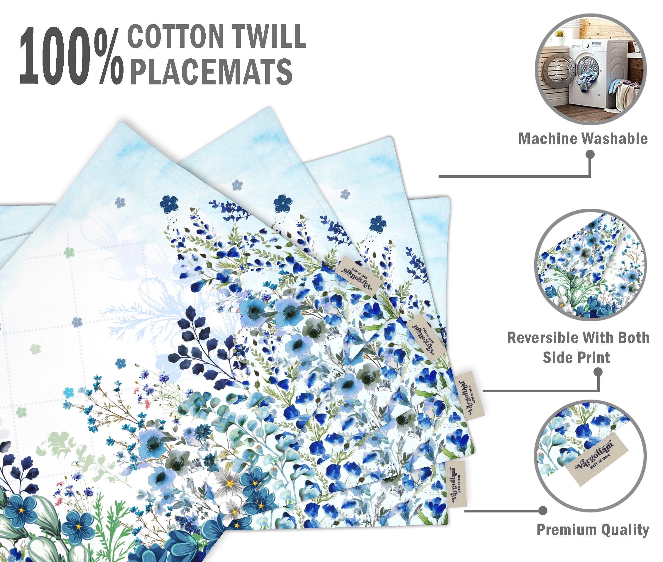 Vargottam Placemats- Placemat For Dining Table, Set Of 4- Printed & Reversible CottonNapkin-IndoorPlacematsFor Home & Kitchen Dining Table- Watercolor Flowers (Blue)