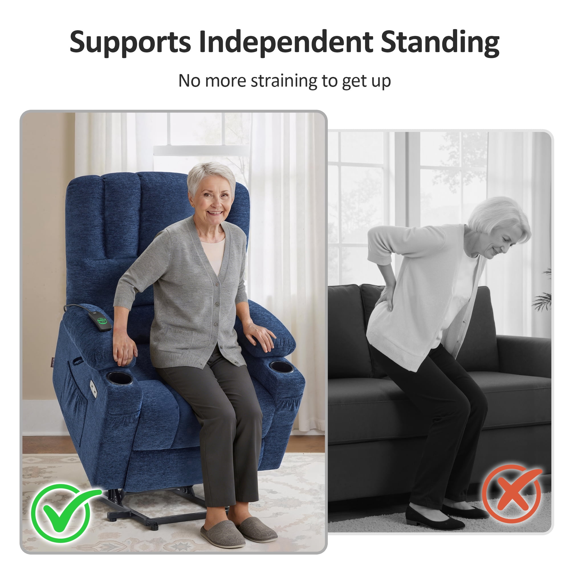 MCombo Power Lift Recliner with Massage Heat, Extended Footrest, Fabric(Medium-Regular, Navy Blue)