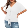 thumbnail image 3 of Cueply Womens Plus Size Tops Short Sleeve V Neck Waffle Knit Tunic Blouse Tie Front Button up T Shirts, 3 of 8