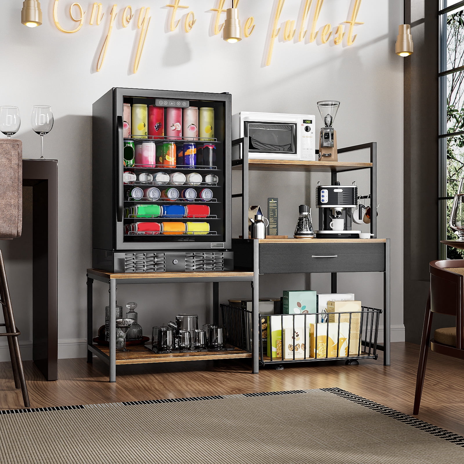 ModFurne Mini Fridge Stand with Storage, Mini Refrigerator Stand with Power Outlet, Wine Fridge Table with Movable Storage Basket for Dorm Home Use (Brown)