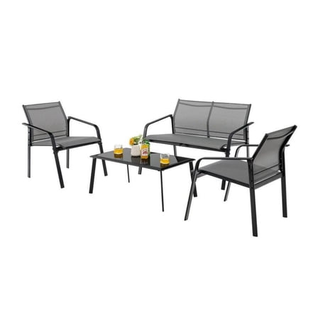 Patio Furniture 4 Piece Set, Outdoor Loveseat Sofa Set with Coffee Table, Grey/Black Wicker Furniture for Patio, Garden, Backyard, Deck