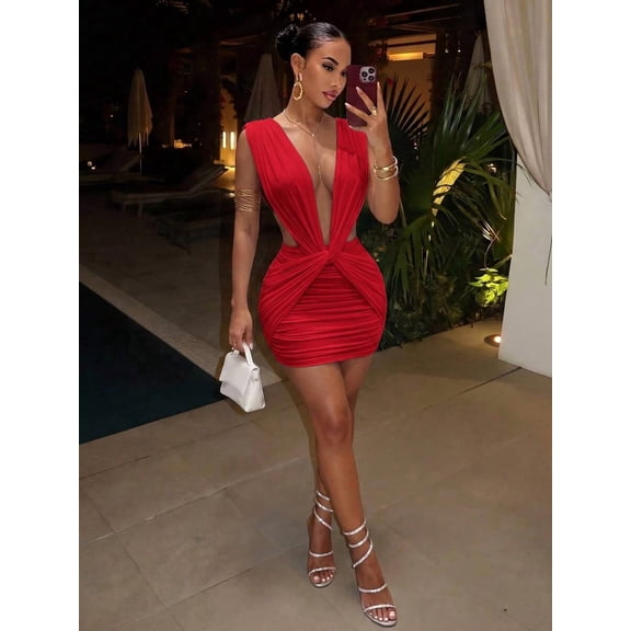 Womens Red Deep V-Neck Twist Front Pleated Mini Dress, Elegant Bodycon
