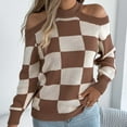 thumbnail image 2 of Cnbwig Women's Pullover Sweater Casual Off The Shoulder Color Blocking Checkered Long Sleeved Knitted Sweater Loose Knitwear for Womens Z1-Coffee L, 2 of 7