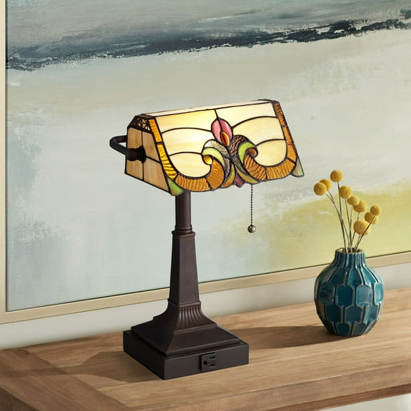 Robert Louis Tiffany Traditional Piano Banker Desk Table Lamp 17" High with AC Power Outlet Bronze Floral Art Glass Bedroom Office
