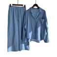 thumbnail image 1 of Conjunto casual de 2 piezas de blusa de algodón y lino de manga larga con botones + pantalones de pierna ancha para mujer, 1 of 2