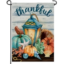 Thankful Nautical Pumpkin Lantern Home Decorative Garden Flag, Thanksgiving Yard Lawn Fall Coastal Outside Decor, Autumn Farmhouse Beach Outdoor Small Burlap Decoration Double Sided 12.5 x 18