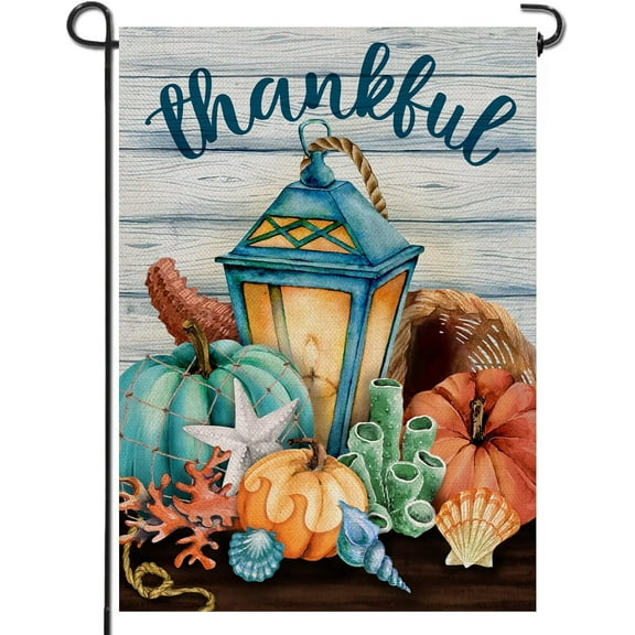 Thankful Nautical Pumpkin Lantern Home Decorative Garden Flag, Thanksgiving Yard Lawn Fall Coastal Outside Decor, Autumn Farmhouse Beach Outdoor Small Burlap Decoration Double Sided 12.5 x 18