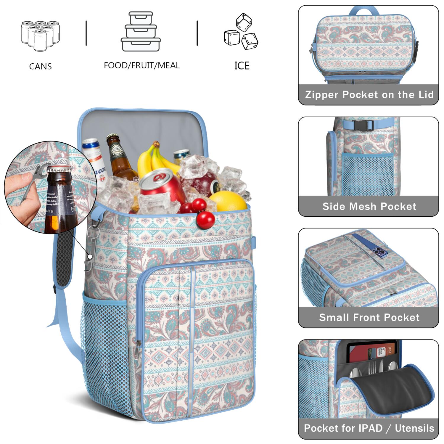 Travel Cooler Bag - Boho Bohemia Pioneer Flower Geometric Line Art Camping Beer Cooler Backpack with Bottle Opener- Waterproof Insulated Picnic Backpacks - Cooler Bag for Beach