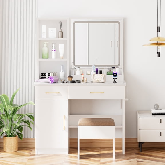 Wide Makeup Vanity Desk with Lighted Mirror and Power Outlet, Dressing Table with Large Storage Space and Cushioned Stool